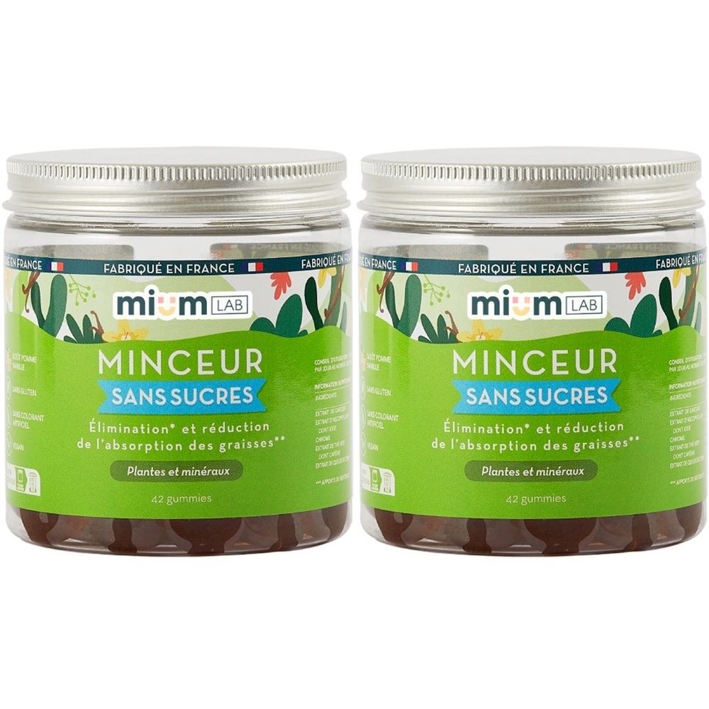 Deux pots de Mium Lab Gummies Minceur. Inscription : MINCEUR SANS SUCRES. Plantes et minéraux. 42 gommes. Fabriqué en France.