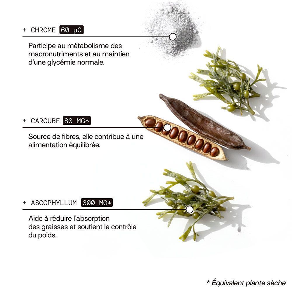 Inhaltsstoffe: Chrom, Johannisbrot, Ascophyllum. Text: Hilft bei der Fettreduzierung und unterstützt die Gewichtskontrolle.