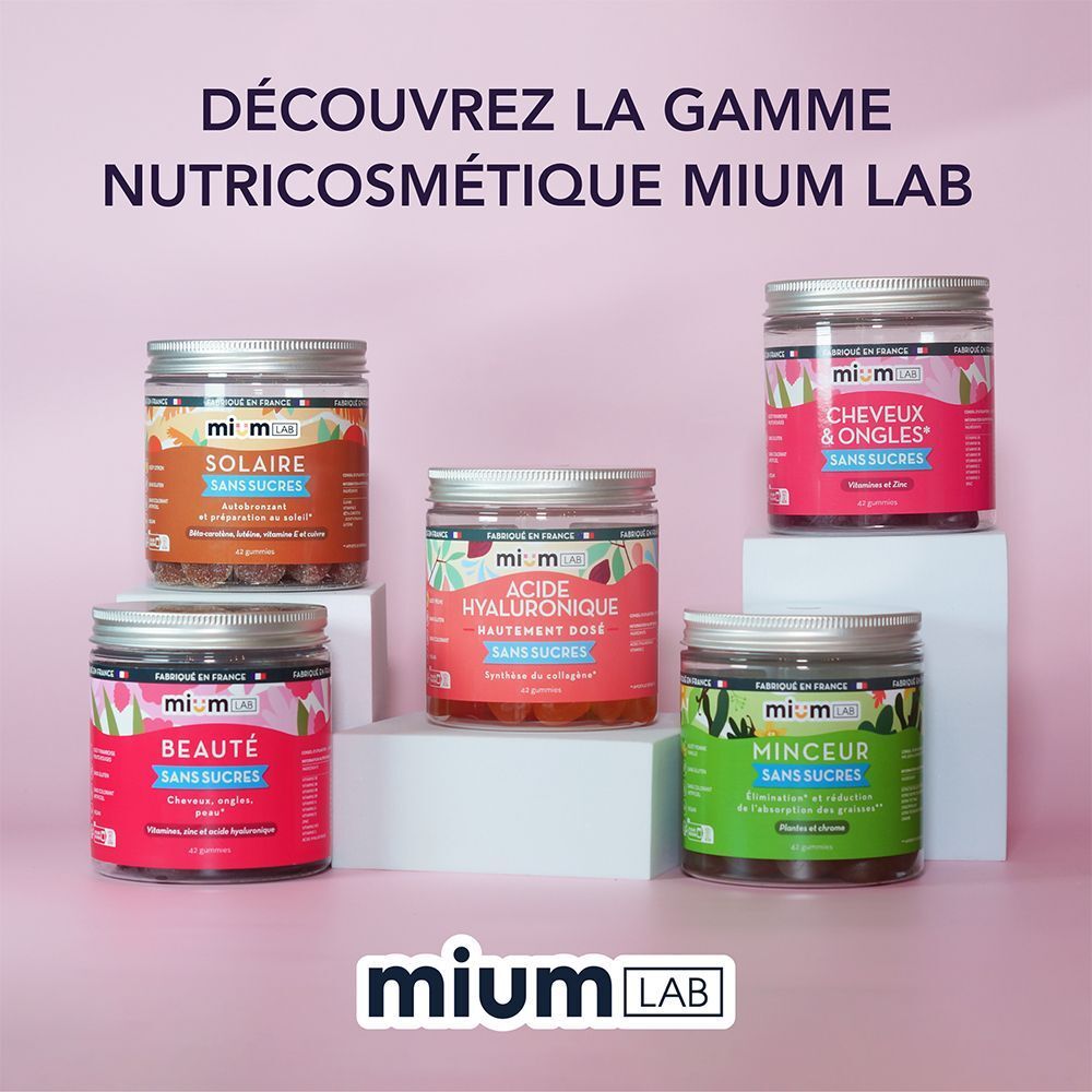 Verschiedene Mium Lab Produkte in Gläsern. Produkte für Haare & Nägel, Schönheit, Hyaluronsäure und Minceur.