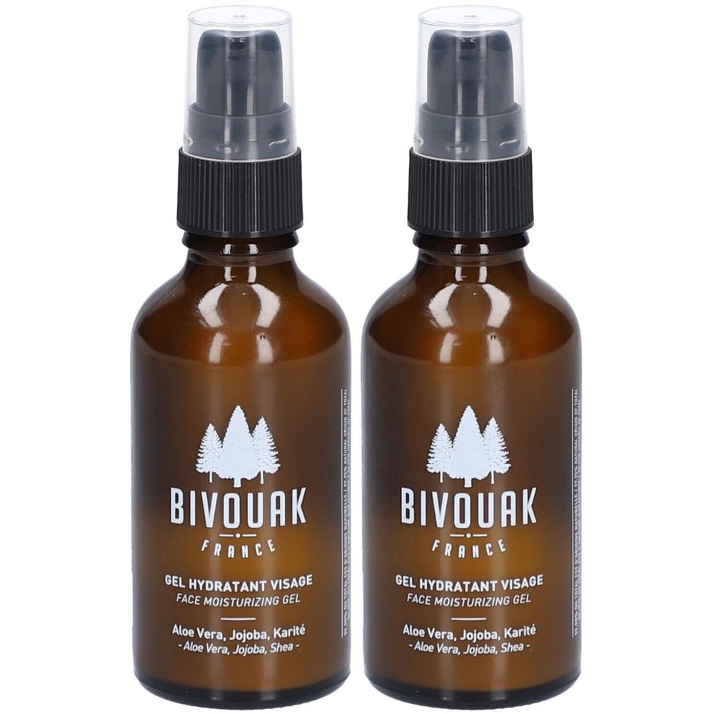 Deux flacons en verre brun avec vaporisateur. Inscription: BIVOUAK FRANCE, Gel hydratant visage, Aloe Vera, Jojoba, Karité.