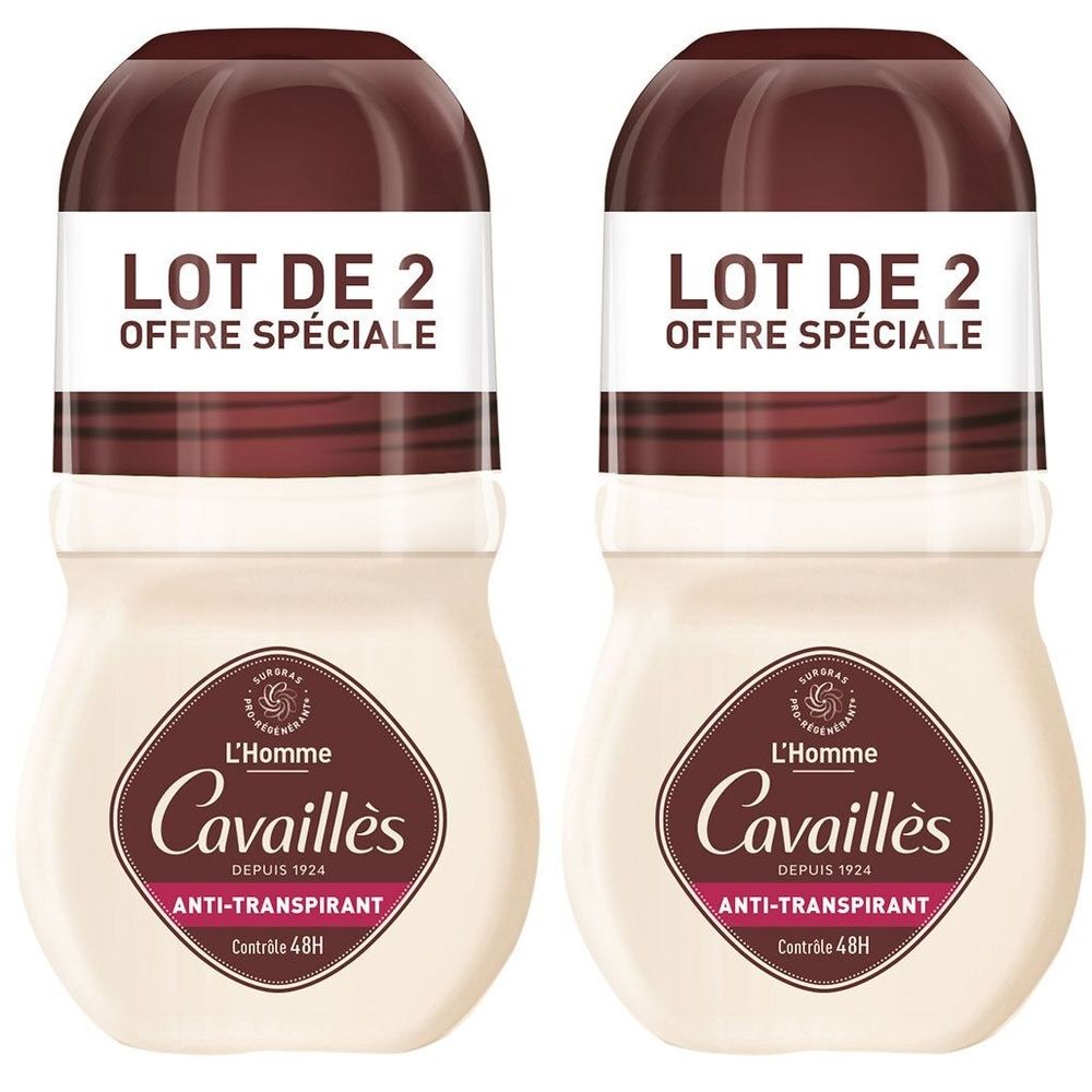 Zwei Roll-ons. Aufschrift: LOT DE 2, OFFRE SPÉCIALE. Marke: Cavaillès L'Homme, Anti-Transpirant, Contrôle 48H.