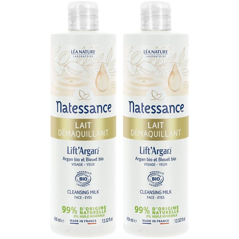 Zwei Flaschen Natessance Lift'Argan Reinigungsmilch. Aufschrift: Lait Démaquillant, Argan bio et Bleuet bio, 99% naturelle.