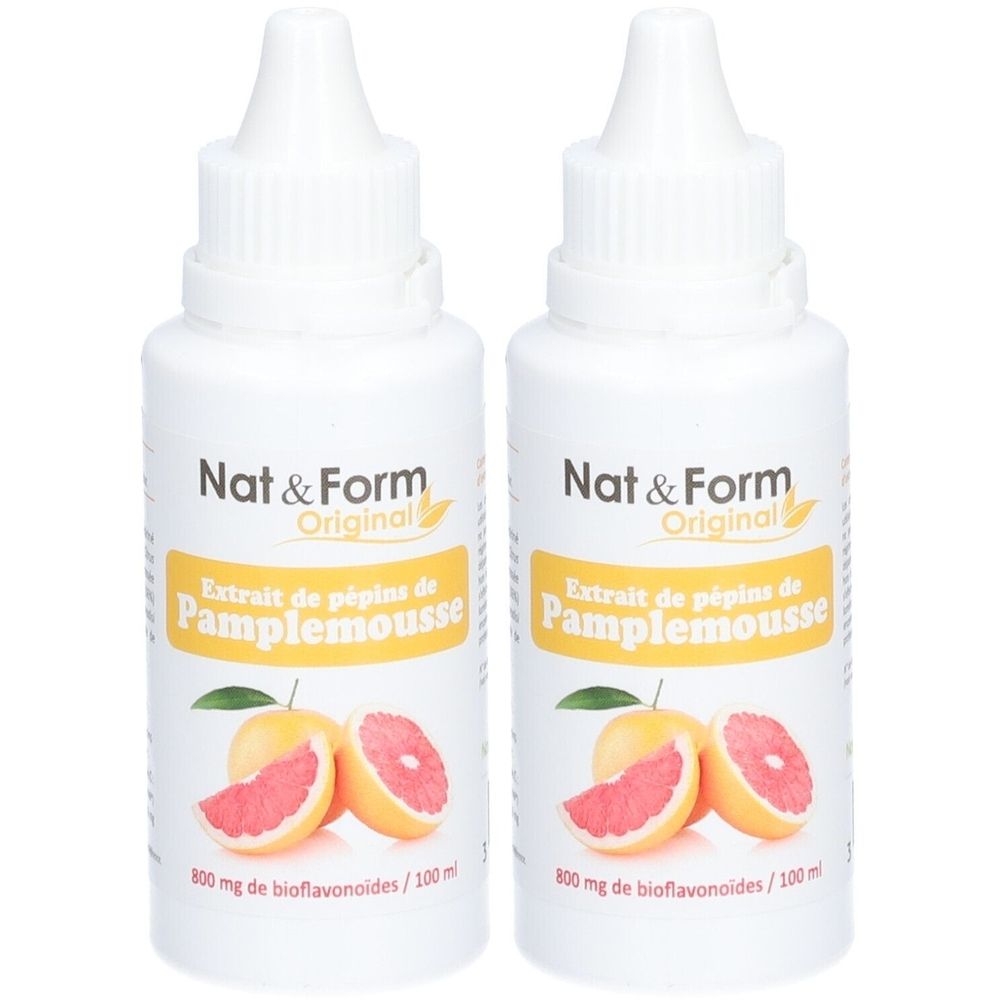 Deux flacons blancs avec bouchon doseur. Inscription: Nat & Form Original, Extrait de pépins de Pamplemousse. Illustration de pamplemousses.