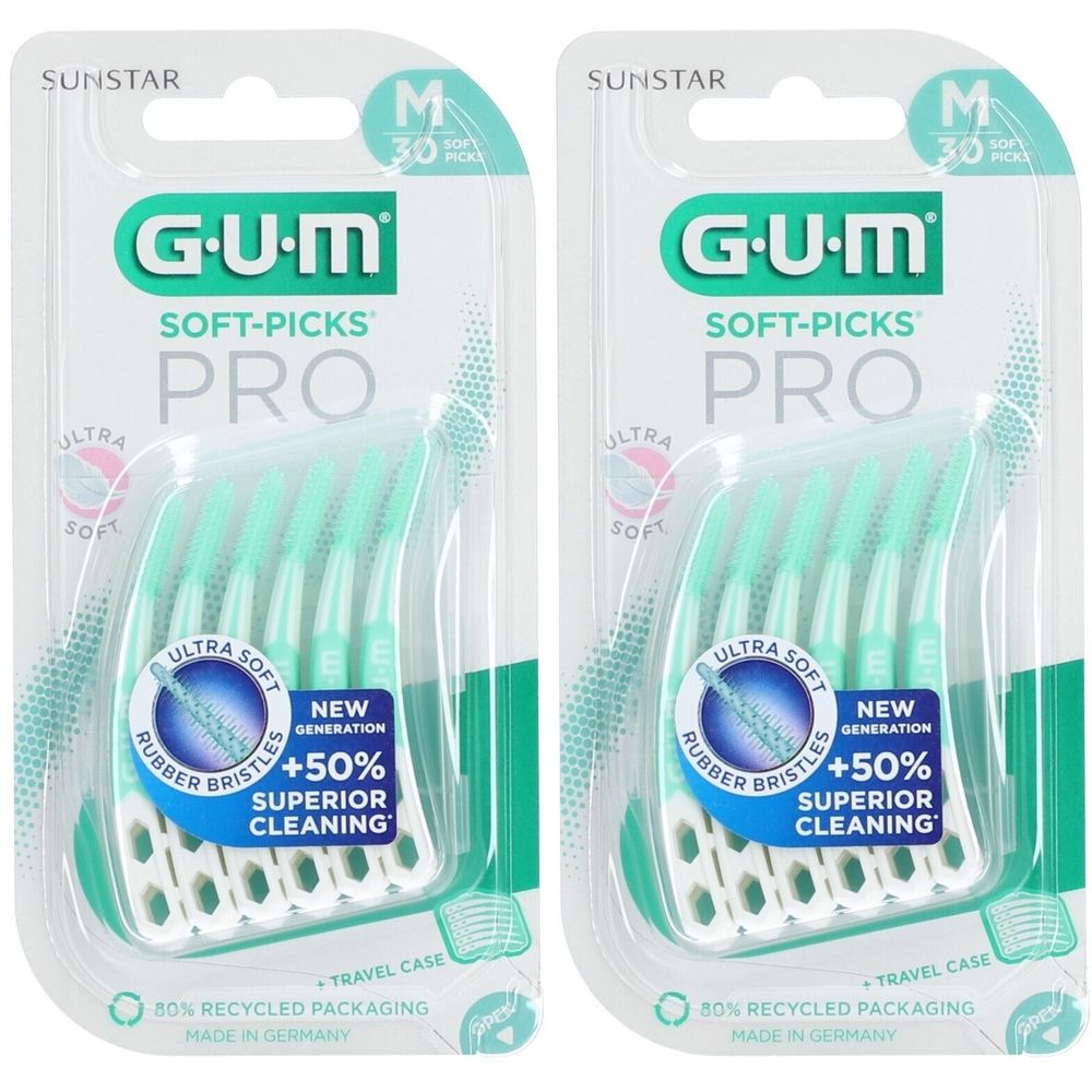 Deux paquets de GUM Soft-Picks Pro. Chaque paquet contient 30 pièces. L'emballage montre des brosses vertes avec des supports blancs.