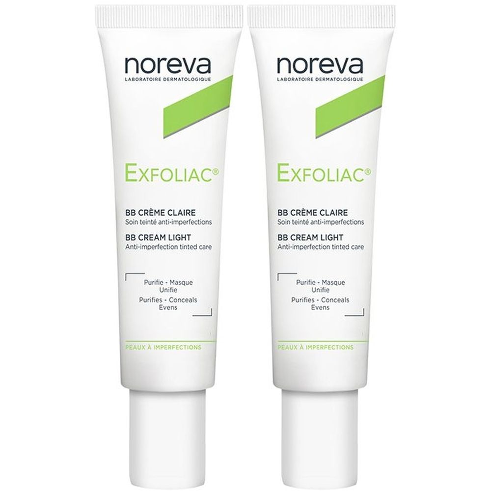 Zwei Tuben Noreva Exfoliac BB Crème Claire. Weiße Tuben mit grünen Akzenten. Text: BB Cream Light, Anti-Unreinheiten, Purifies, Conceals, Evens.