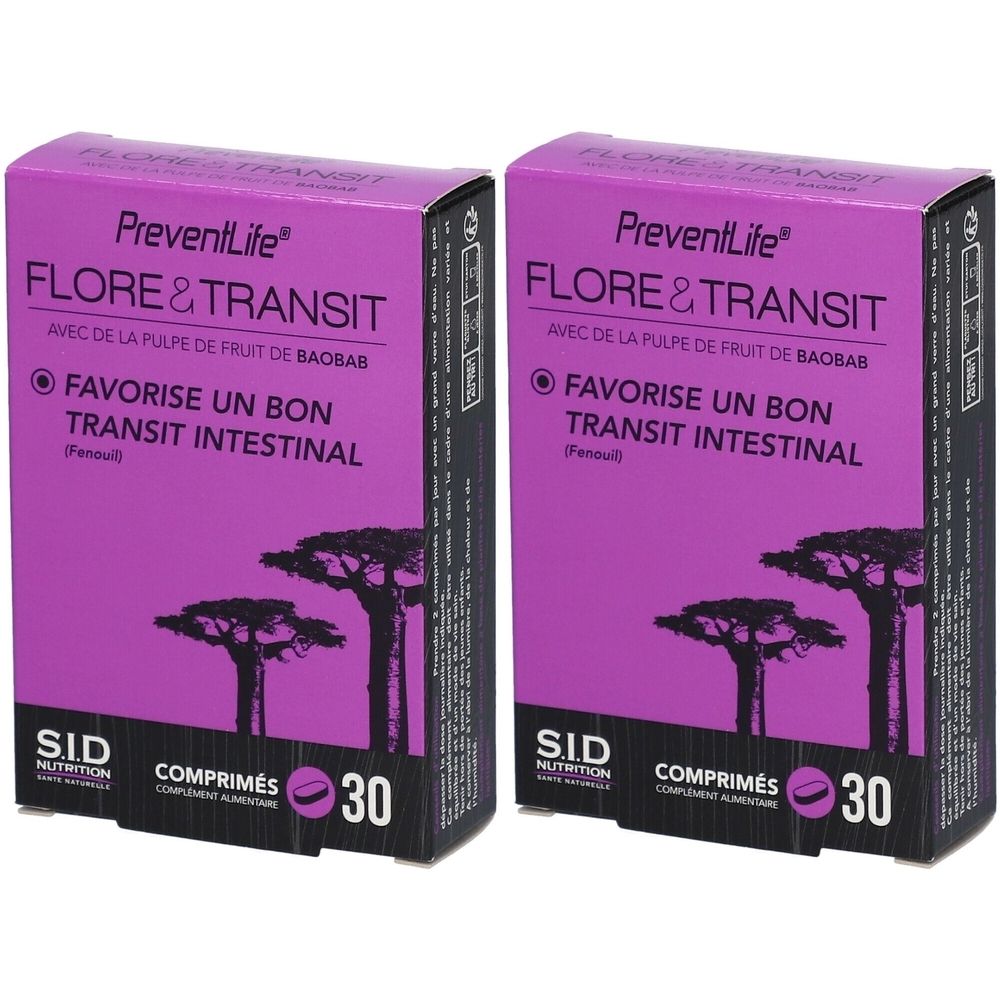 Deux boîtes de PreventLife Flore & Transit. Emballage violet avec nom du produit, illustration de baobab et texte. Contient 30 comprimés.