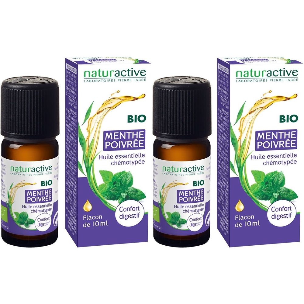 Drei Flakons mit schwarzem Deckel und Verpackung. Aufschrift: Menthe Poivrée, BIO, Huile essentielle chémotypée. Flacon de 10ml.