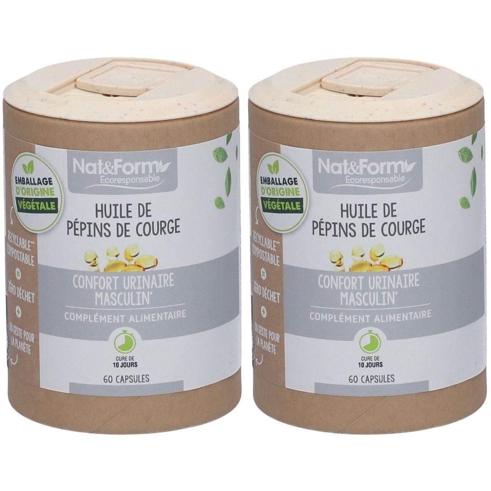 Deux boîtes cylindriques avec couvercles. Inscription: Nat&Form, Huile de pépins de courge, Confort urinaire masculin, 60 capsules. Emballage végétal.