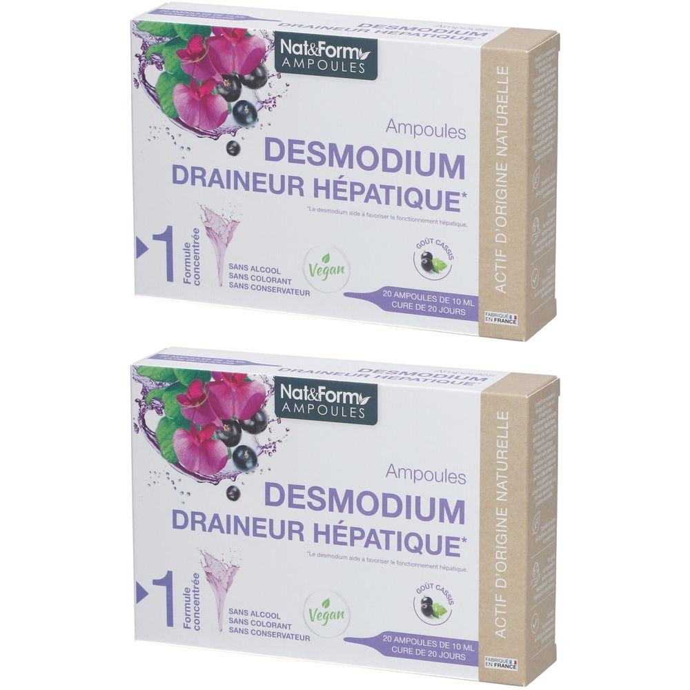 Zwei Kartons mit Nat&Form Ampullen Desmodium. Aufdrucke: „Draineur Hépatique“, „Vegan“, „Actif d'origine naturelle“.