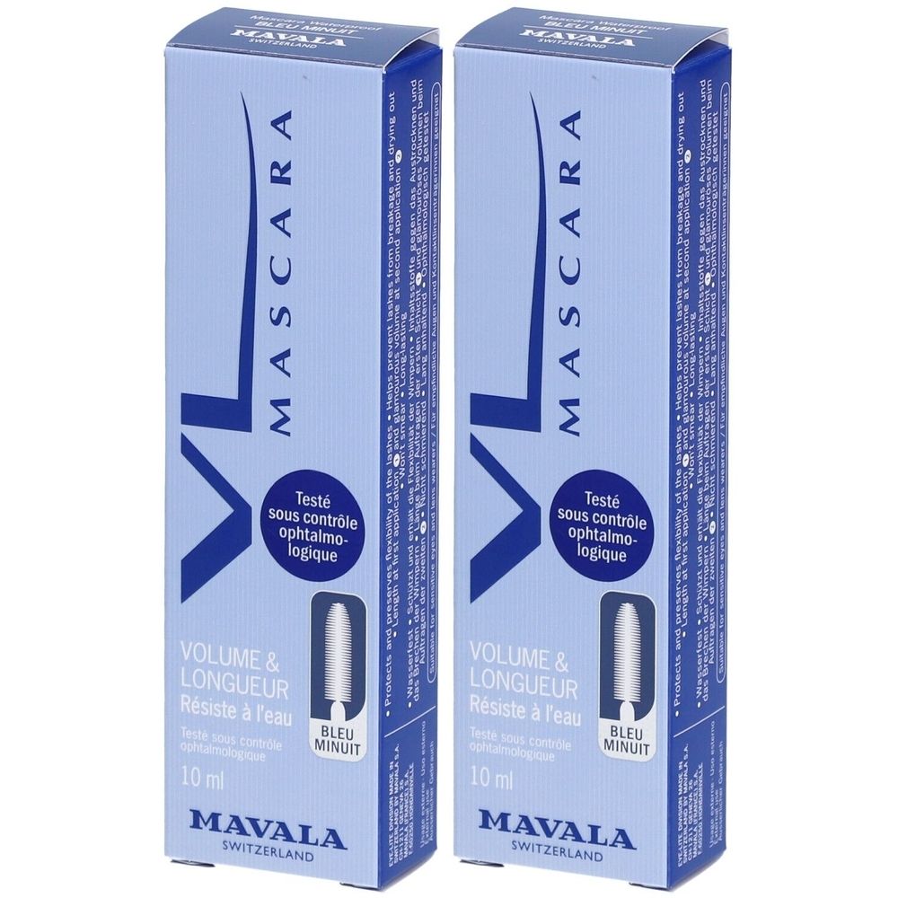Deux boîtes de mascara bleues. Inscriptions: MASCARA, VOLUME & LONGUEUR, BLEU MINUIT, 10 ml. Marque: MAVALA SWITZERLAND. Testé sous contrôle ophtalmologique.