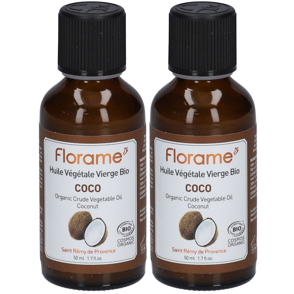 Zwei braune Glasflaschen mit schwarzem Deckel. Etikett mit Produktnamen, Kokosnuss-Illustration und Bio-Siegel.