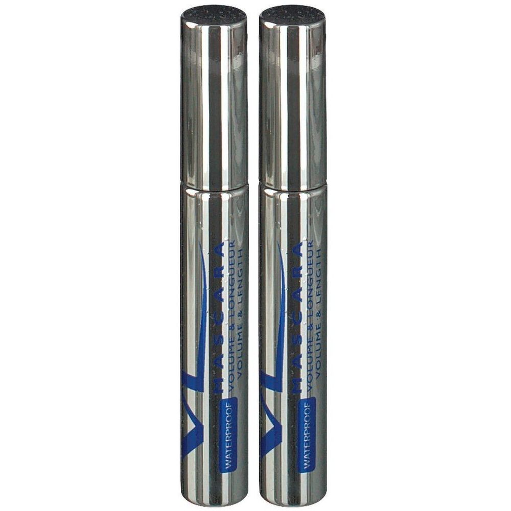Zwei silberfarbene Mascara-Tuben. Blaue Schrift: VOLUME & LONGUEUR, WATERPROOF. Schwarze Kappe.