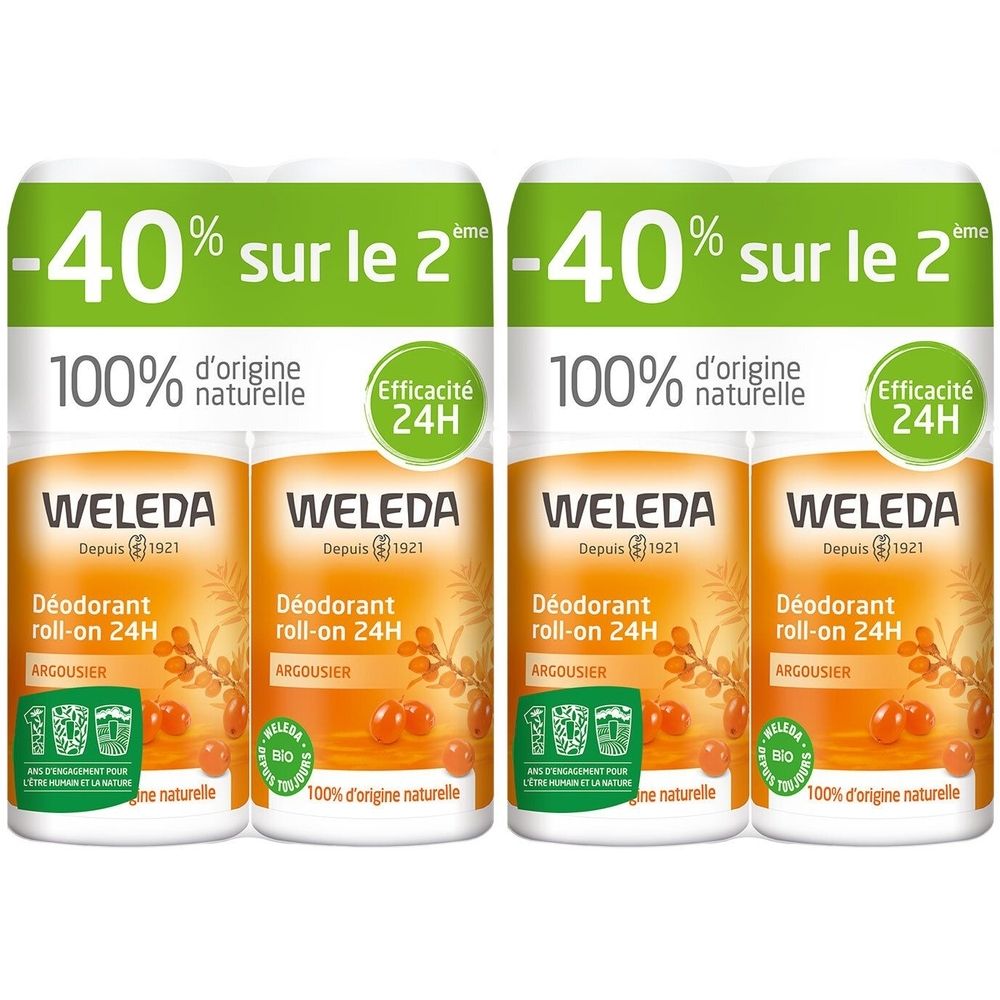 Vier Roll-on-Deodorants. Weiße Flaschen mit orangefarbenem Etikett. Aufschrift: WELEDA, Argousier, 24H. Grün-weiße Aufkleber.