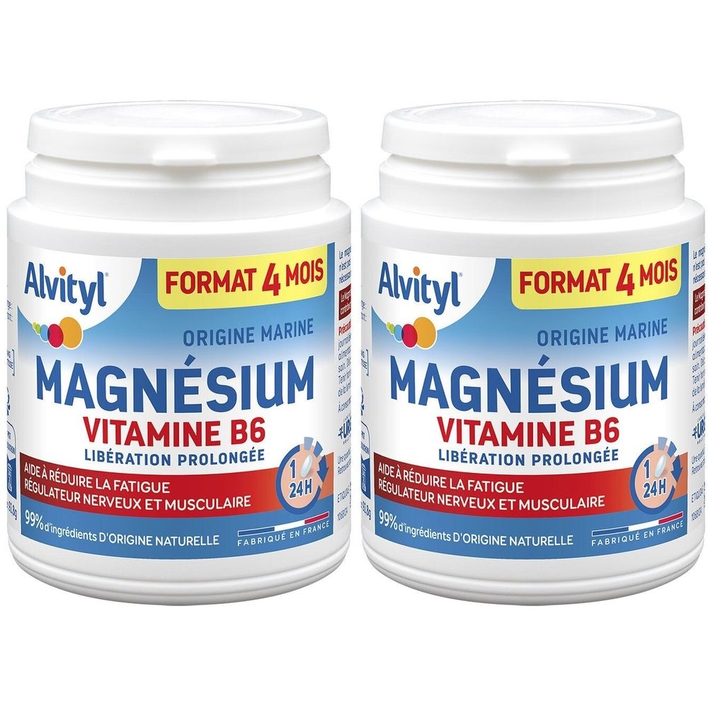 Zwei weiße Flaschen mit Etiketten. Aufschrift: Alvityl Magnésium Vitamine B6 Libération Prolongée. Format 4 mois. Marine Ursprungs.