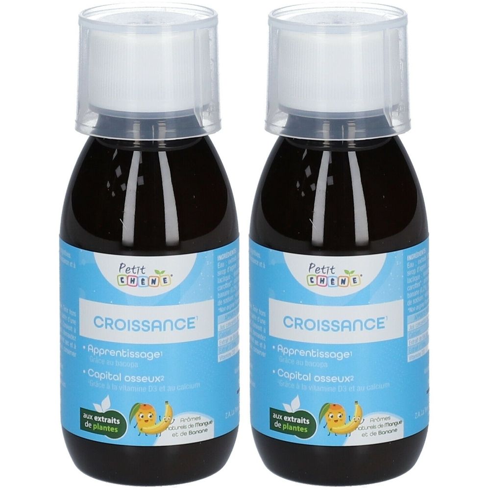 Zwei Flaschen Petit Chêne® CROISSANCE. Blaue Etiketten mit Text und einem Cartoon. Klare Kappen.