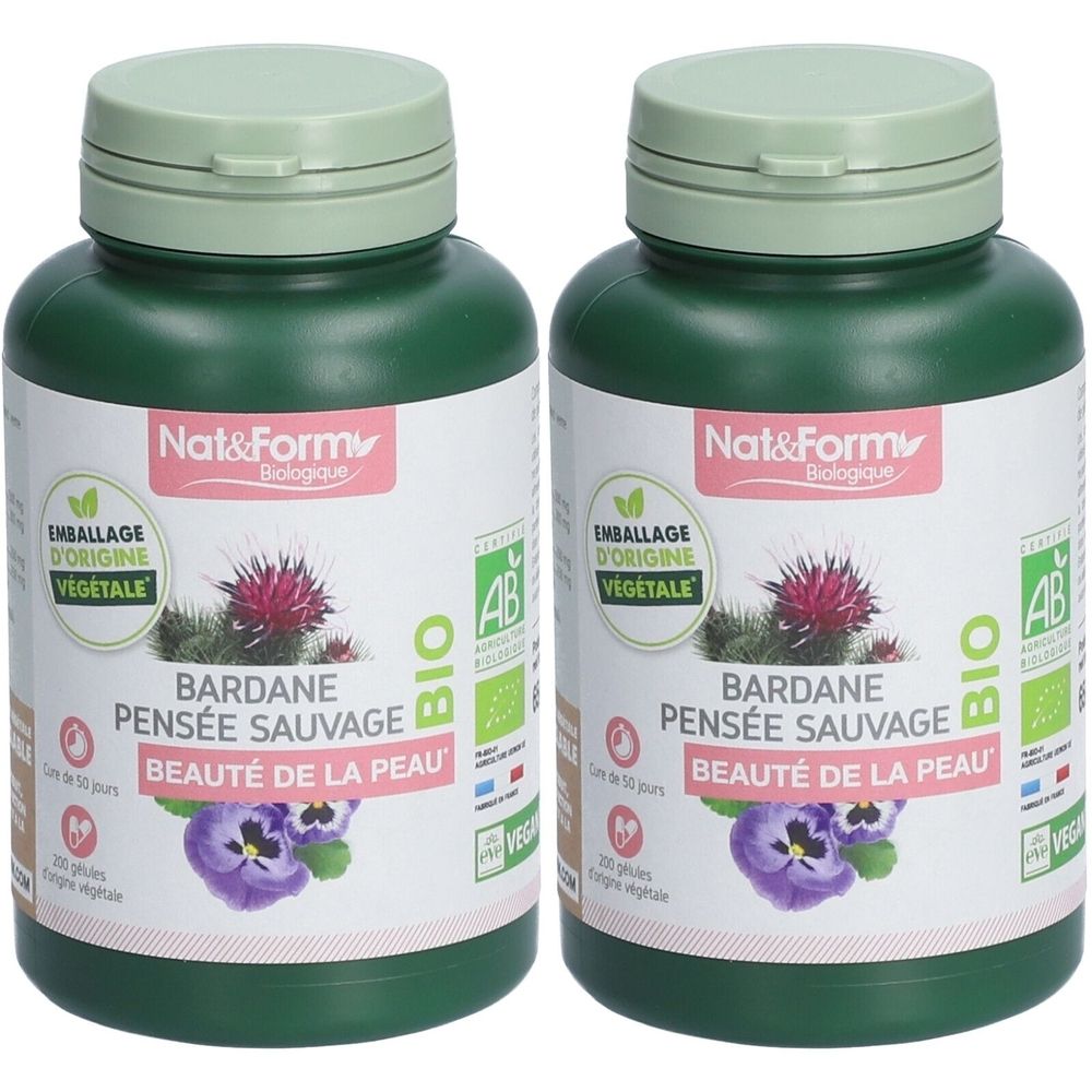 Zwei grüne Flaschen mit Deckel. Aufschrift: Nat&Form, BARDANE PENSÉE SAUVAGE, BIO. Verpackung aus pflanzlicher Herkunft.