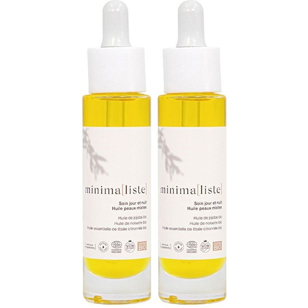 Deux flacons de sérum jaune avec pipettes blanches. Étiquettes avec texte "minima|liste" et mentions.