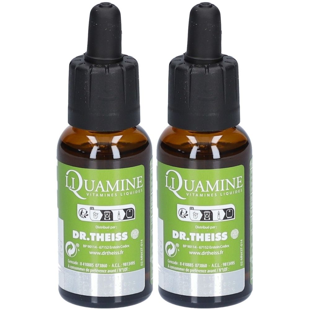 Zwei braune Glasflaschen mit schwarzem Tropfverschluss. Auf den Etiketten steht "Liquamine" und "DR. THEISS".