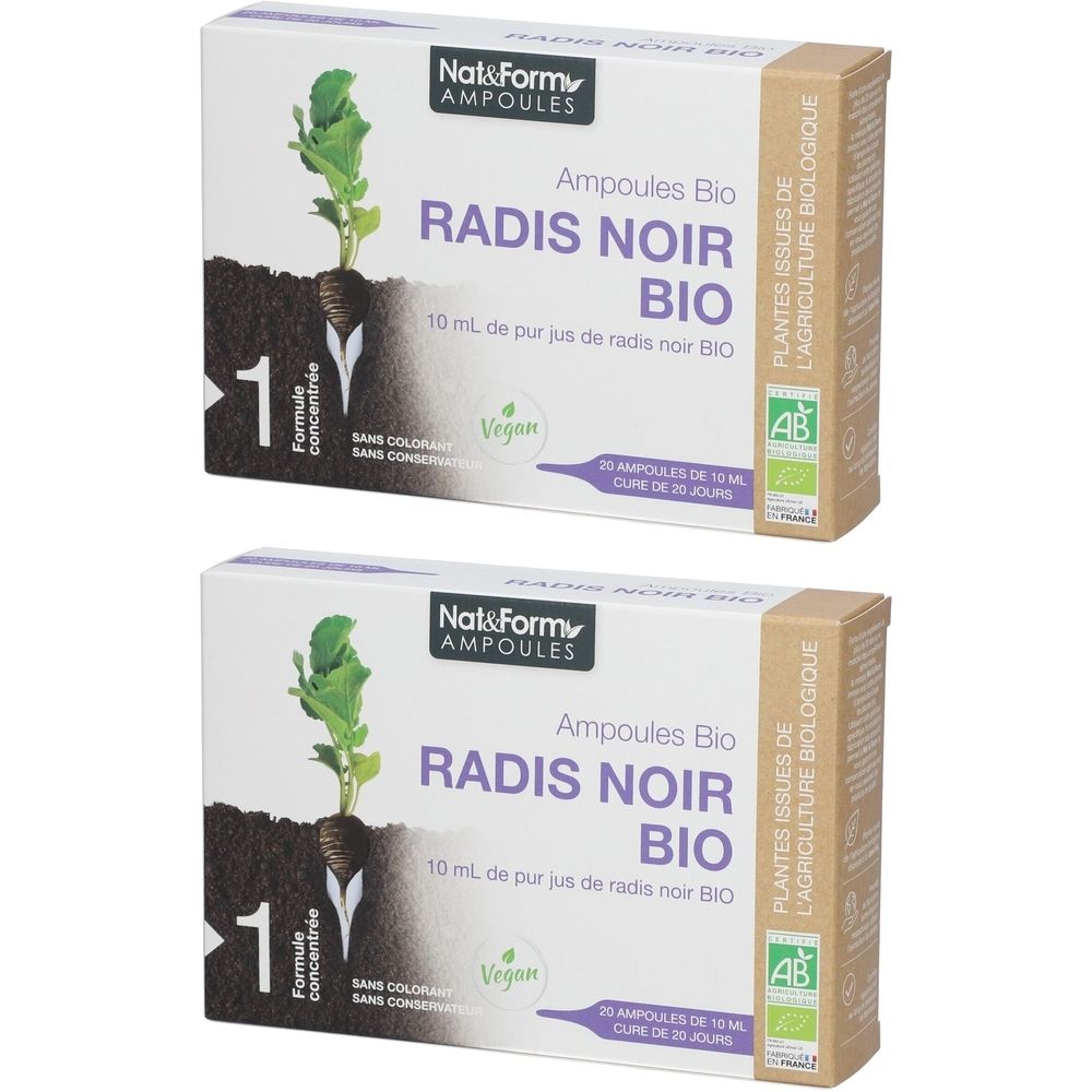 Zwei Kartons mit Nat & Form Ampullen. Aufschrift: Radis Noir Bio. Mit AB-Siegel und Vegan-Logo. 20 Ampullen.