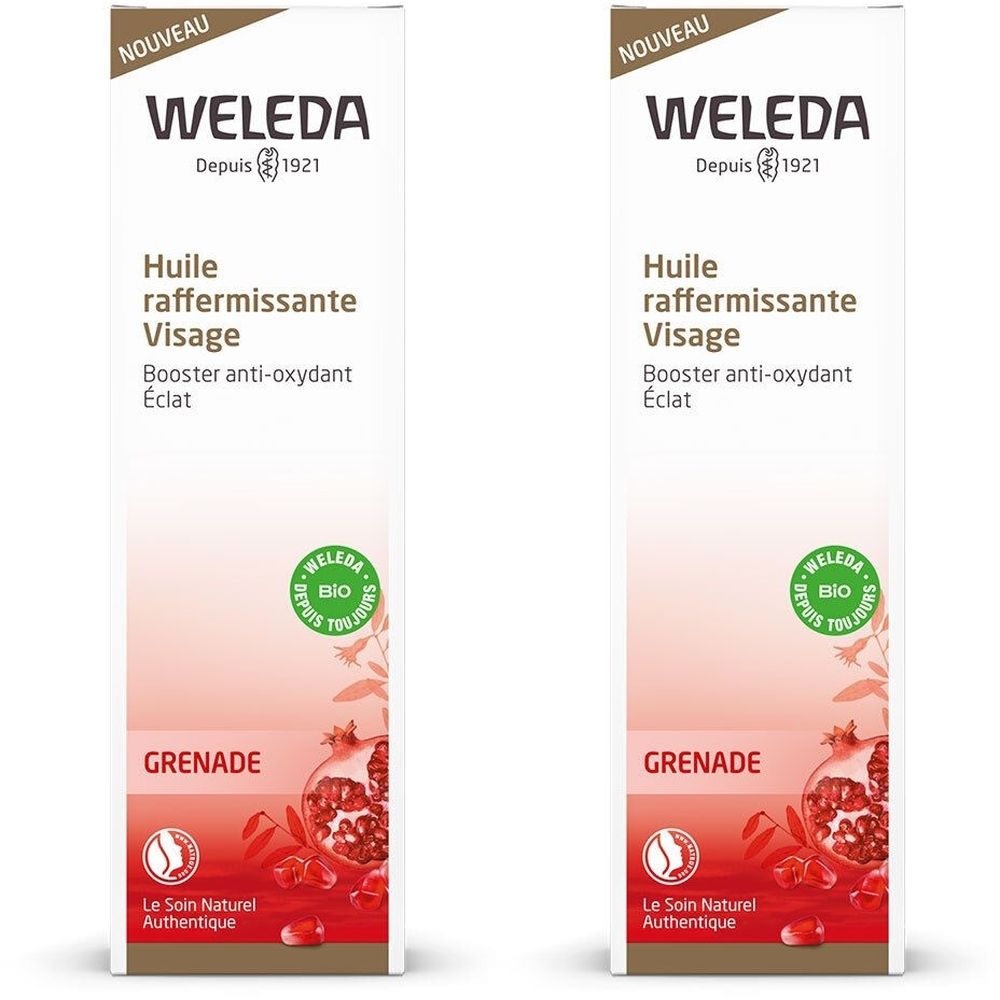Zwei weiße Kartons mit Produktinformationen. Oben steht "NOUVEAU" und "WELEDA". Darunter "Huile raffermissante Visage".