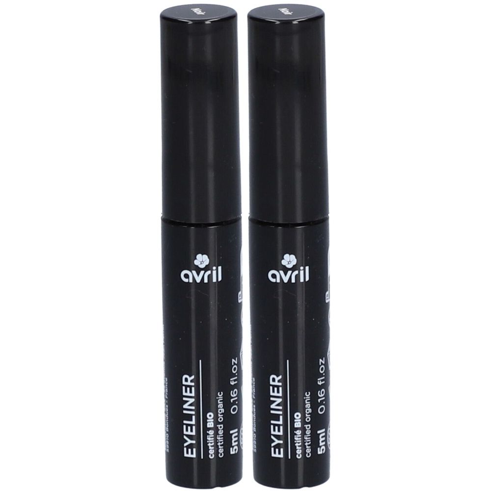 Deux flacons d'eyeliner noir. Inscription: Avril, Eyeliner, certifié BIO, 5ml, 0.16 fl.oz.