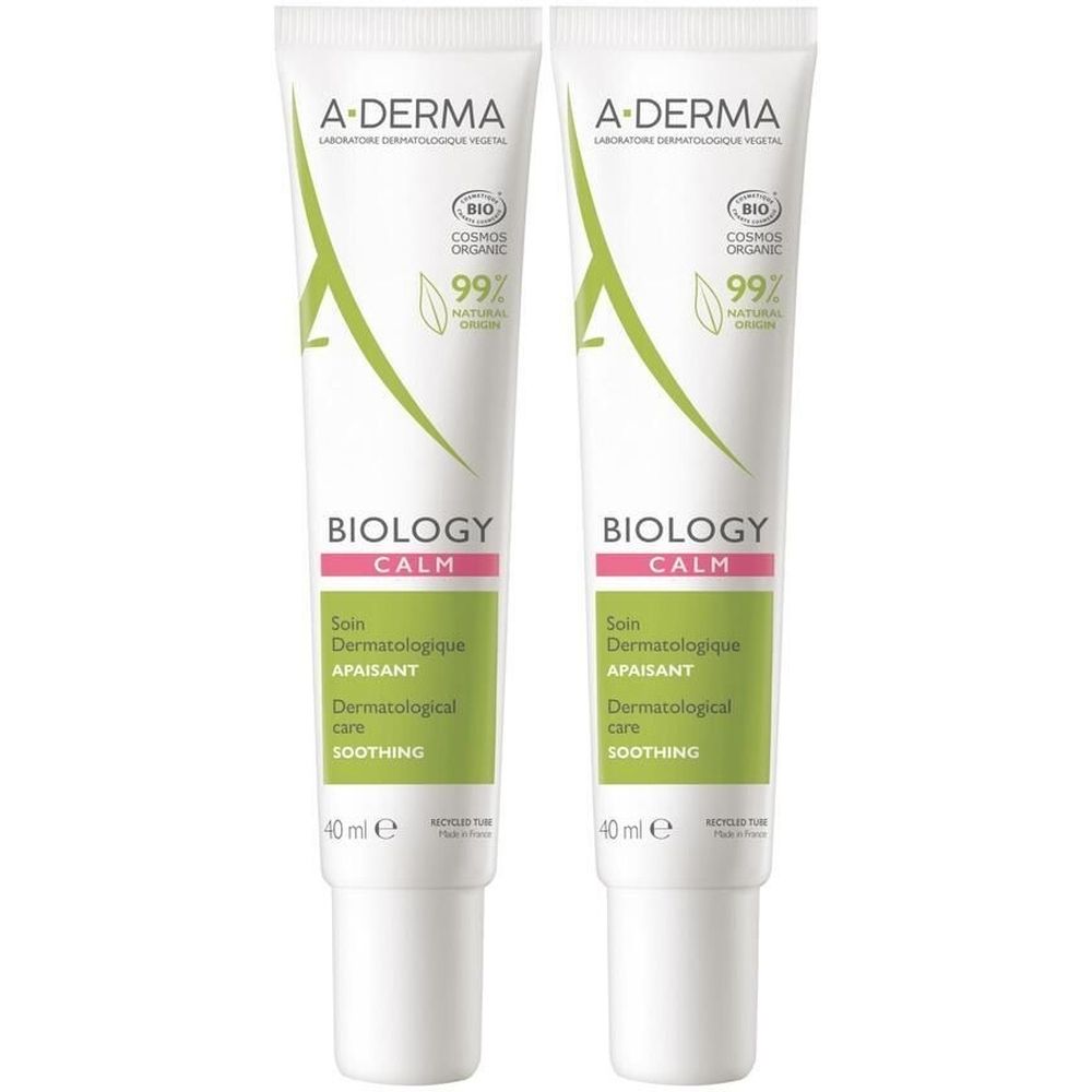 Zwei Tuben A-DERMA BIOLOGY CALM. Weiße Tuben mit grünen und rosa Akzenten. Text: Soin Dermatologique Apaisant, 40 ml.