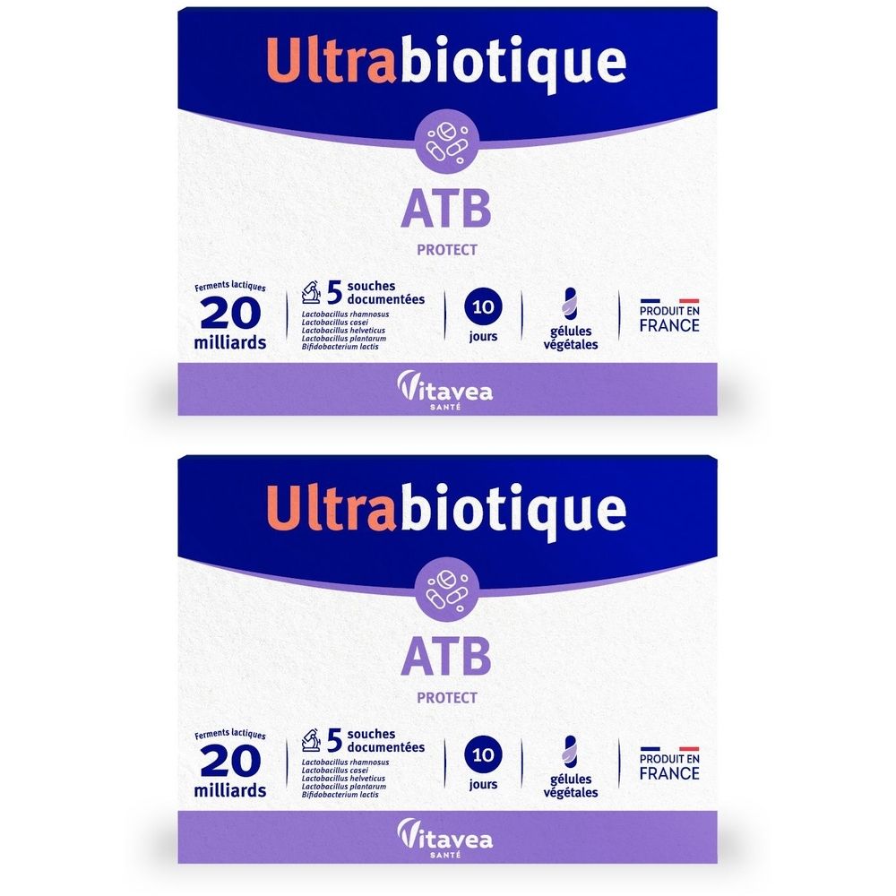 Zwei Packungen ULTRABIOTIQUE ATB Protect. Blaue Verpackung mit weißer Schrift. Enthält 20 Milliarden, 5 dokumentierte Stämme, 10 Tage.