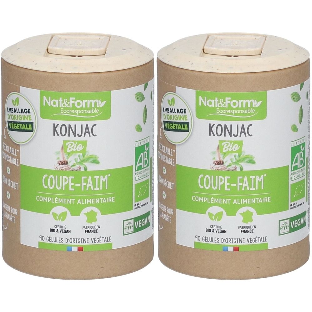 Deux boîtes cylindriques avec couvercles. Inscriptions : Nat&Form, Konjac Bio, Coupe-Faim, complément alimentaire. Certifications : AB, Vegan.