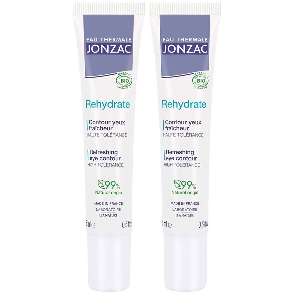 Zwei Tuben Augencreme. Aufschrift: Eau Thermale Jonzac, Rehydrate, 99% natürlichen Ursprungs. Bio-Siegel.
