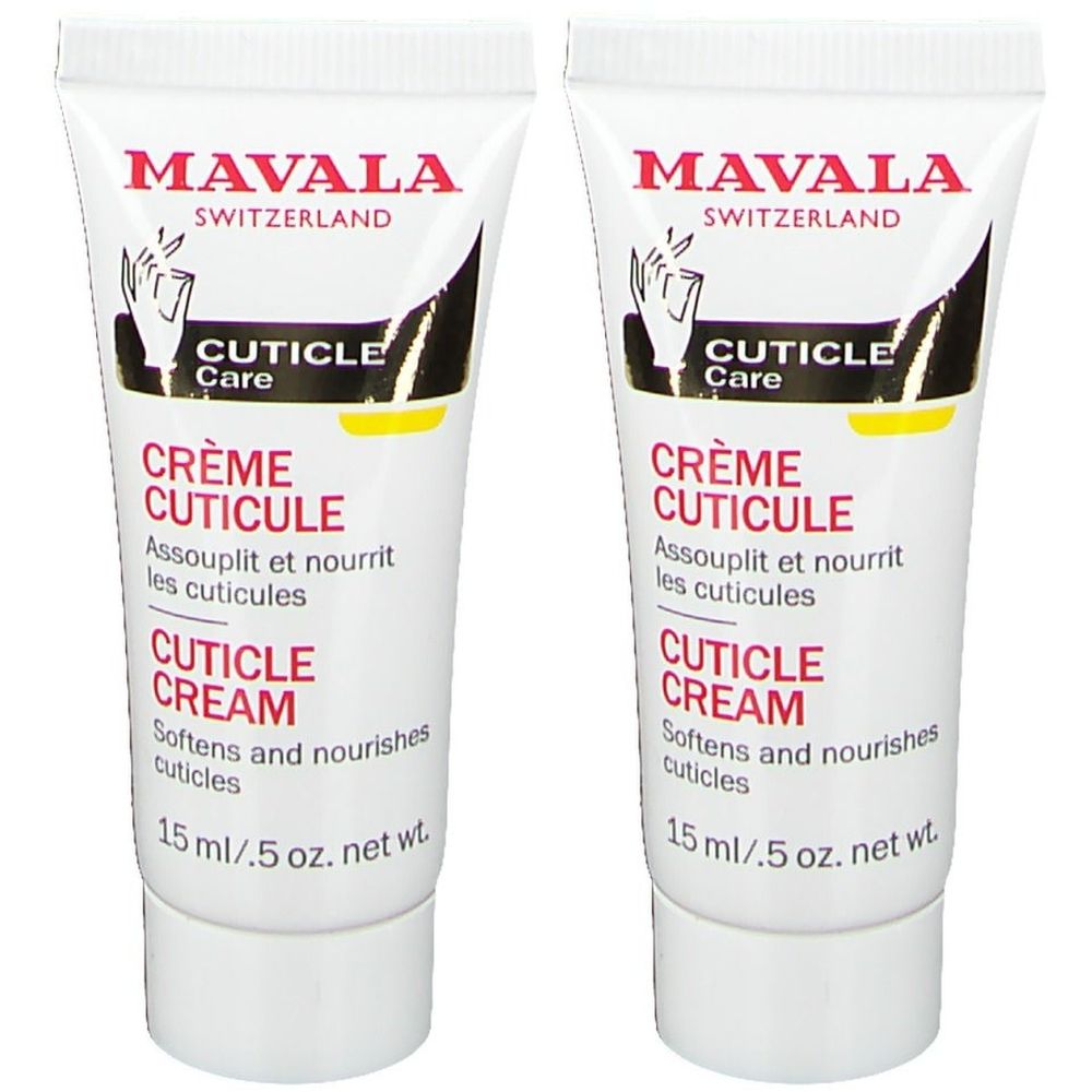 Zwei Tuben Mavala Crème Cuticule. Weiße Tuben mit roter Schrift. Text: Crème Cuticule, Cuticle Cream. 15 ml.