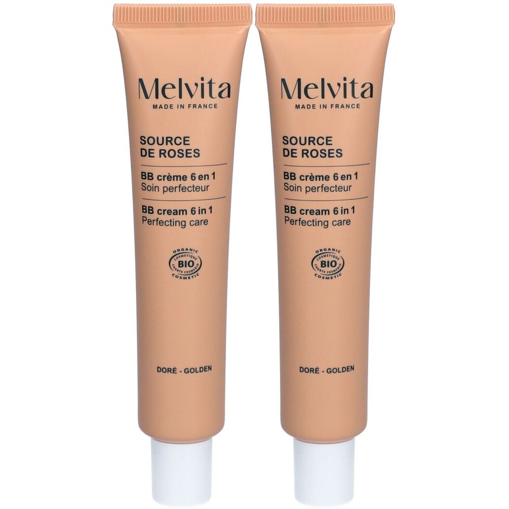 Zwei Tuben BB Cream. Aufschrift: Melvita, Source de Roses, BB crème 6 en 1, Perfecting care. Farbe: Golden. Bio-Zertifizierung.