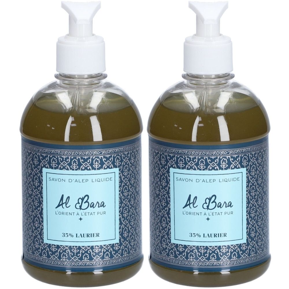 Deux flacons de savon liquide avec pompe. Étiquette avec texte "Al Bara", "35% Laurier".