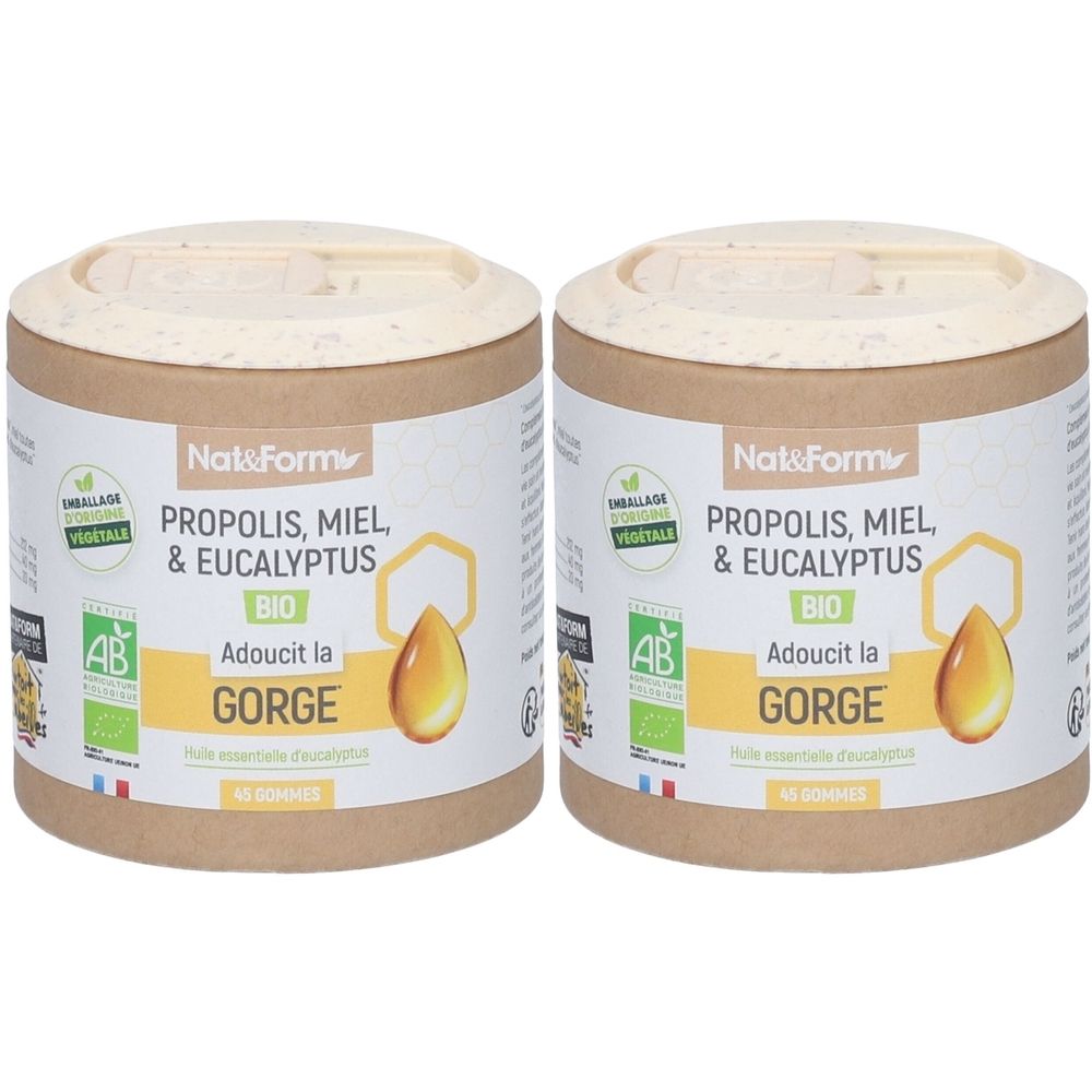 Deux boîtes cylindriques avec couvercles. Inscription : PROPOLIS, MIEL, & EUCALYPTUS, BIO. Certification AB. Inscription : Adoucit la GORGE. 48 GOMMES.