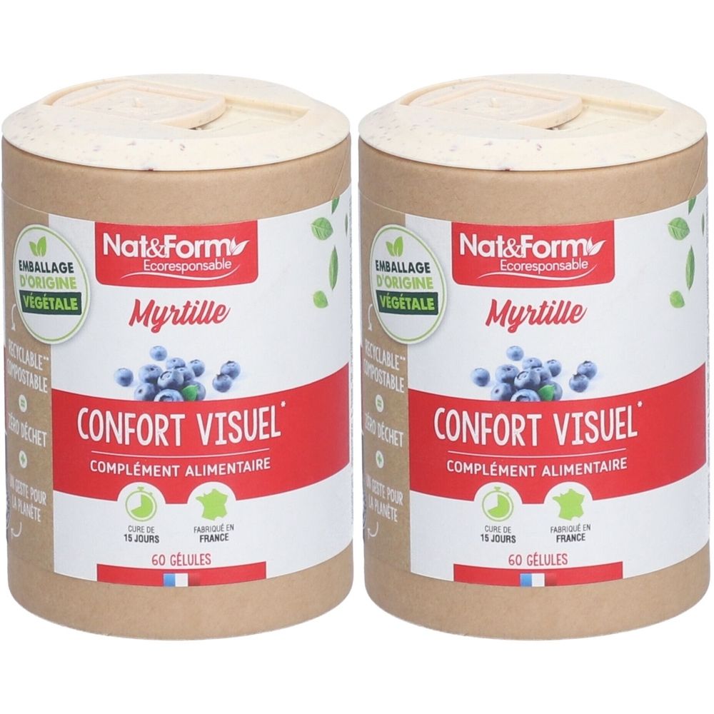 Deux boîtes cylindriques avec couvercles. Inscription : Myrtille, Confort Visuel, 60 Gélules. Emballage d'origine végétale, fabriqué en France.