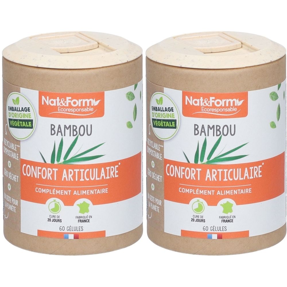 Zwei zylindrische Behälter mit Deckel. Aufschrift: Nat&Form Bambou, Confort Articulaire, 60 Kapseln. Verpackung aus Pflanzenmaterial.