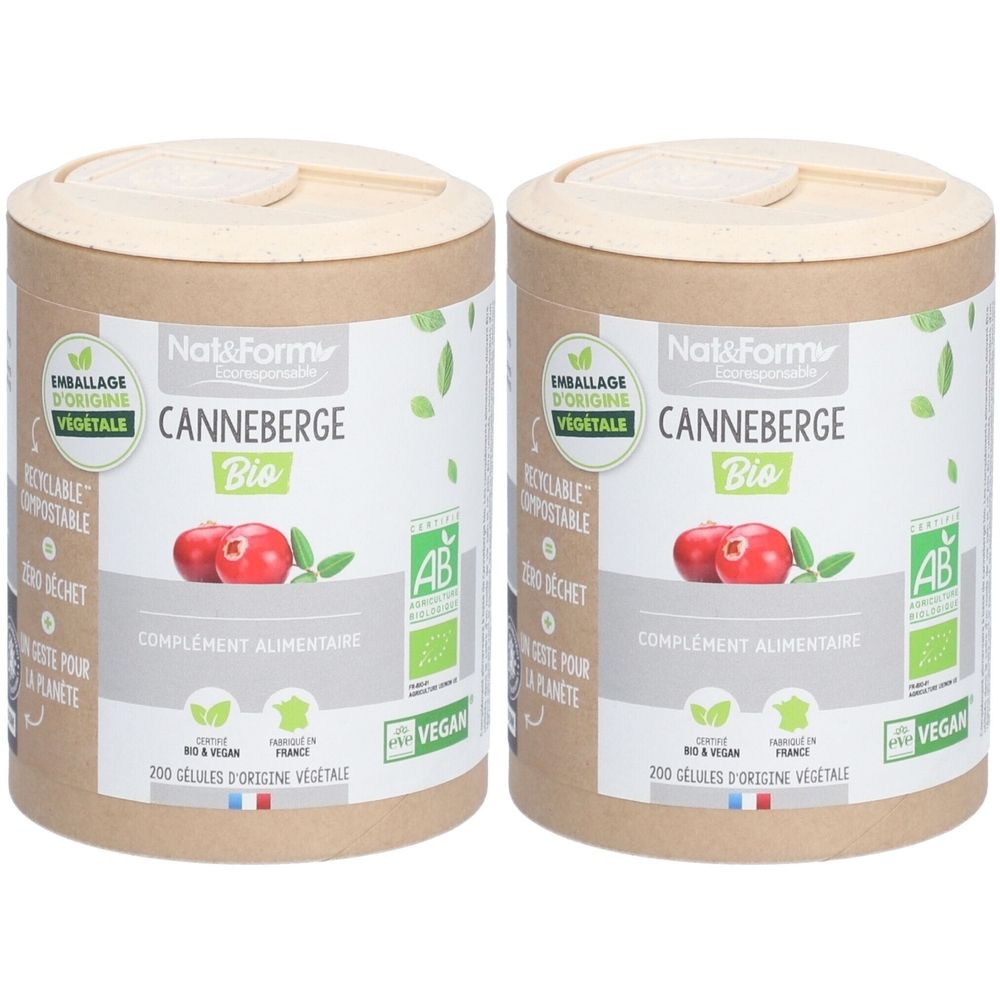 Deux boîtes cylindriques avec couvercle. Inscription : Nat&Form Canneberge Bio. Certifications Vegan et AB. 200 gélules.