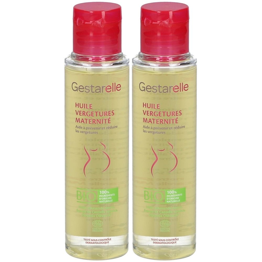 Deux flacons avec bouchon rouge. Inscription: Gestarelle, Huile Vergetures Maternité. Certification bio et logo.