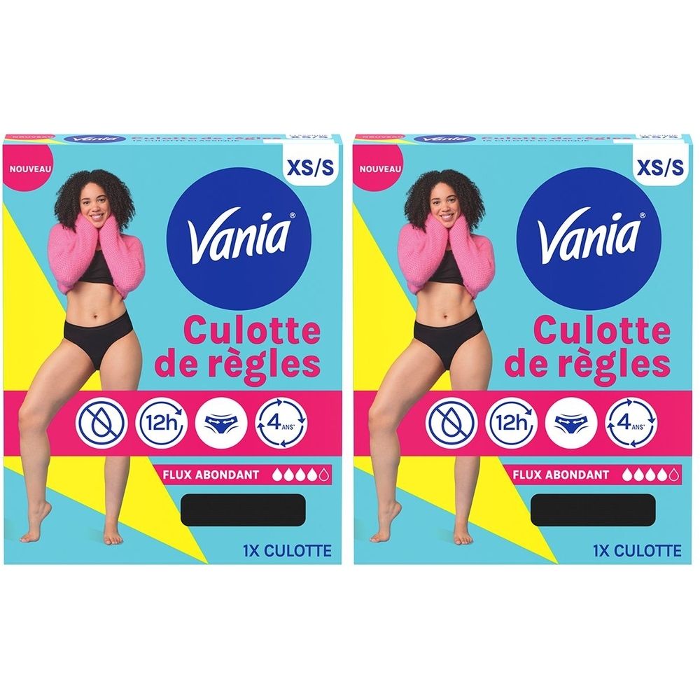Deux boîtes de Vania Culotte de règles XS/S. Sur chaque boîte, une femme est représentée. Texte: Culotte de règles, Flux abondant, 12h, 4. 1x Culotte.