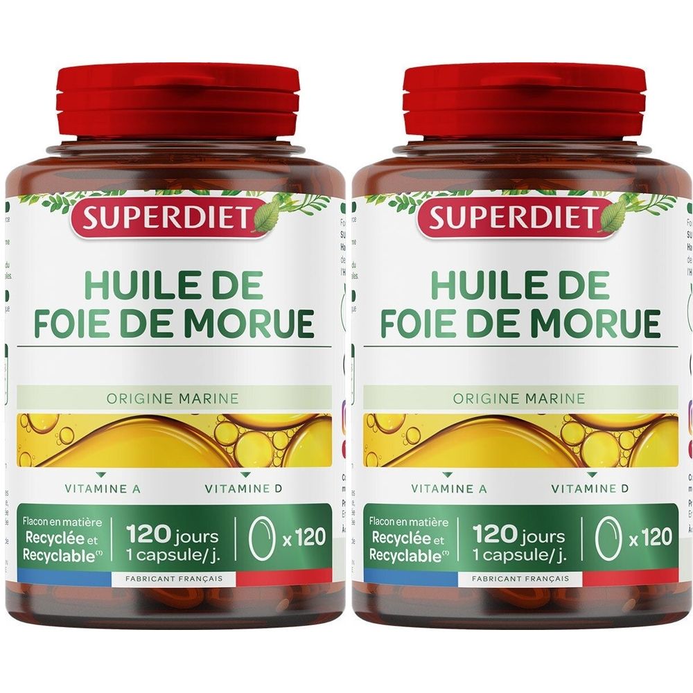 Zwei Flaschen SUPER DIET Huile de Foie de Morue. Braune Flaschen mit rotem Deckel. Aufschrift: HUILE DE FOIE DE MORUE, ORIGINE MARINE, VITAMINE A, VITAMINE D.
