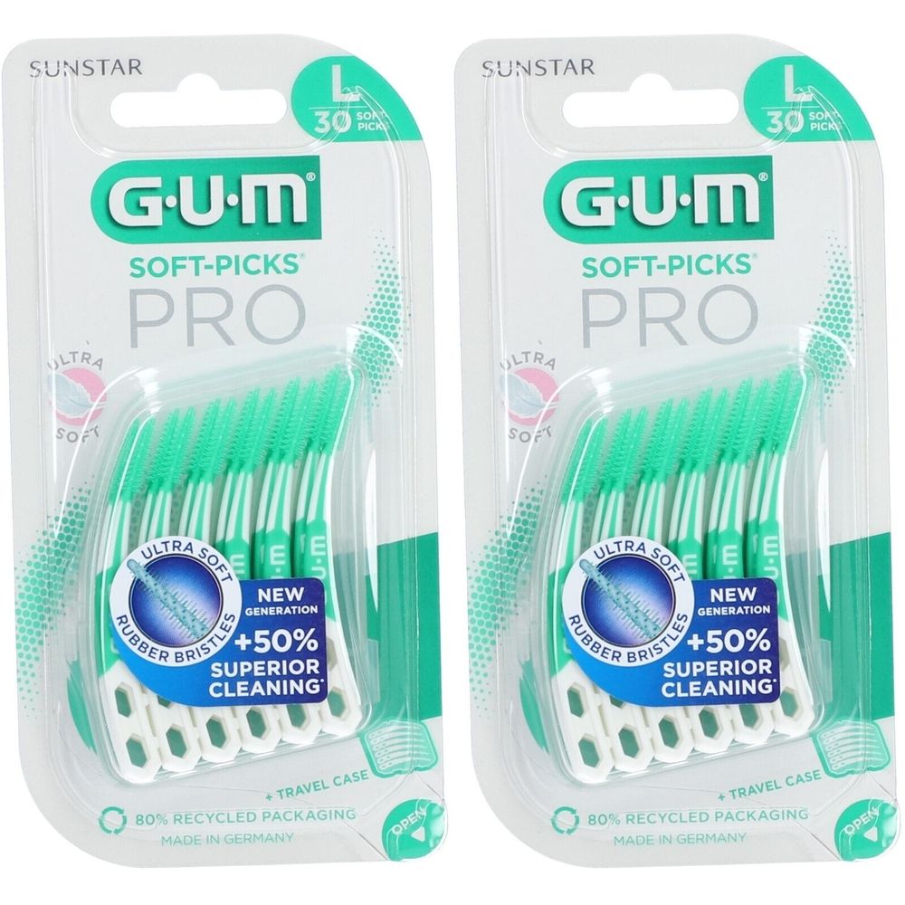 Zwei Packungen GUM Soft-Picks Pro. Jede Packung enthält 30 interdentale Bürsten. Verpackung mit Produktinformationen.