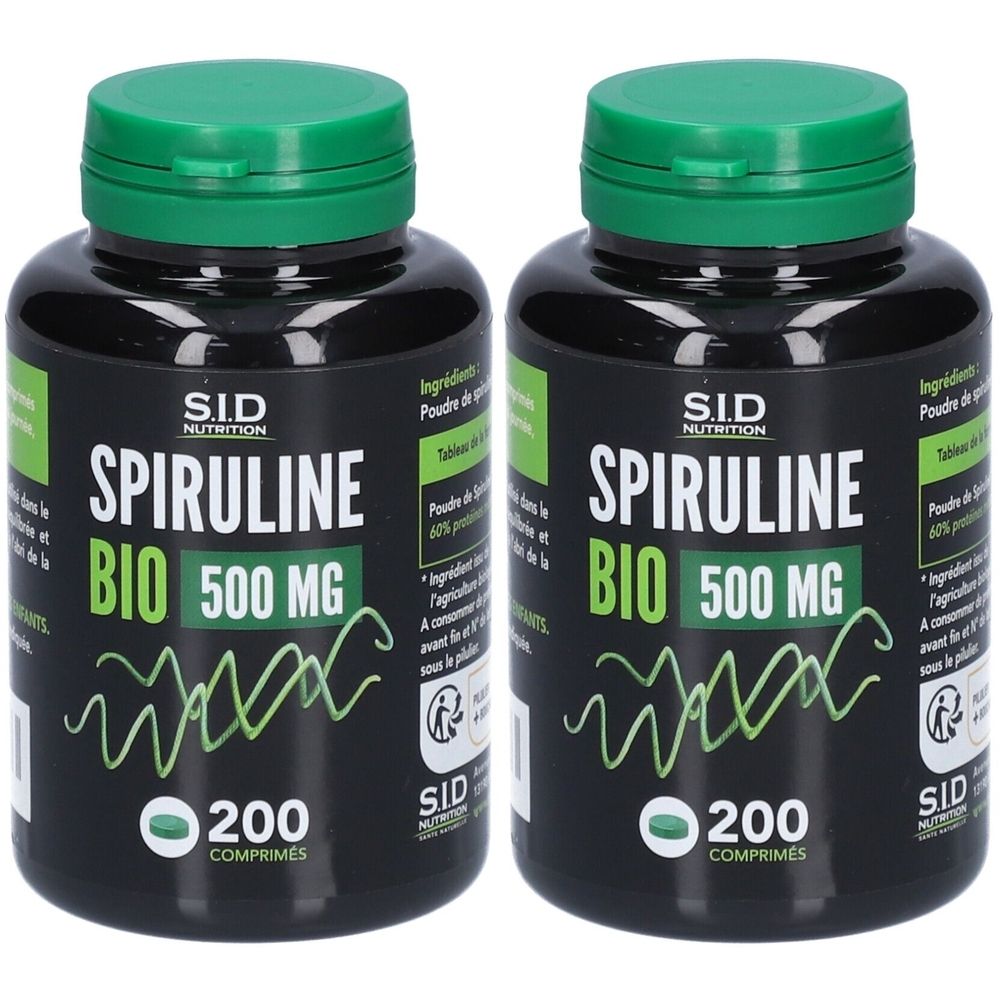 Zwei Flaschen mit grünem Deckel. Aufschrift: Spiruline Bio 500 mg, 200 Tabletten. Marke: S.I.D Nutrition.