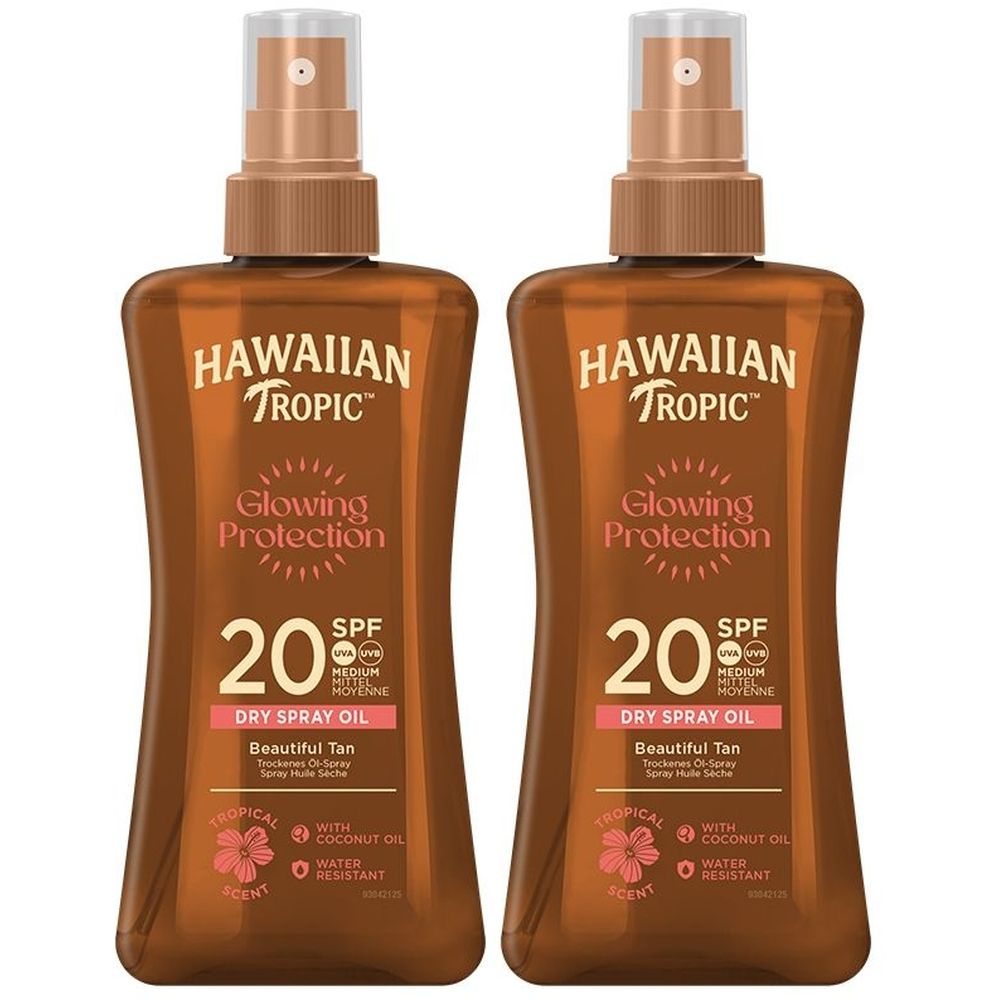 Zwei braune Sprühflaschen mit Aufschrift HAWAIIAN TROPIC Glowing Protection SPF 20. Trockenes Ölspray. Mit Kokosnussöl. Wasserfest.