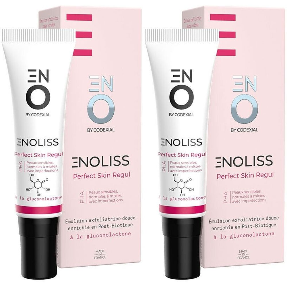 Deux tubes et emballages. Inscription: ENO Enoliss Perfect Skin Regul. Contient de la gluconolactone. Fabriqué en France.