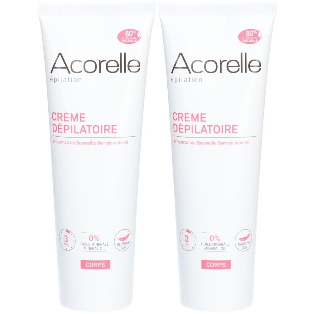 Zwei Tuben Creme Dépilatoire. Weiß, mit rosa Akzenten. Aufschrift: Acorelle, Crème Dépilatoire, Corps. 80% Inhaltsstoffe natürlichen Ursprungs.