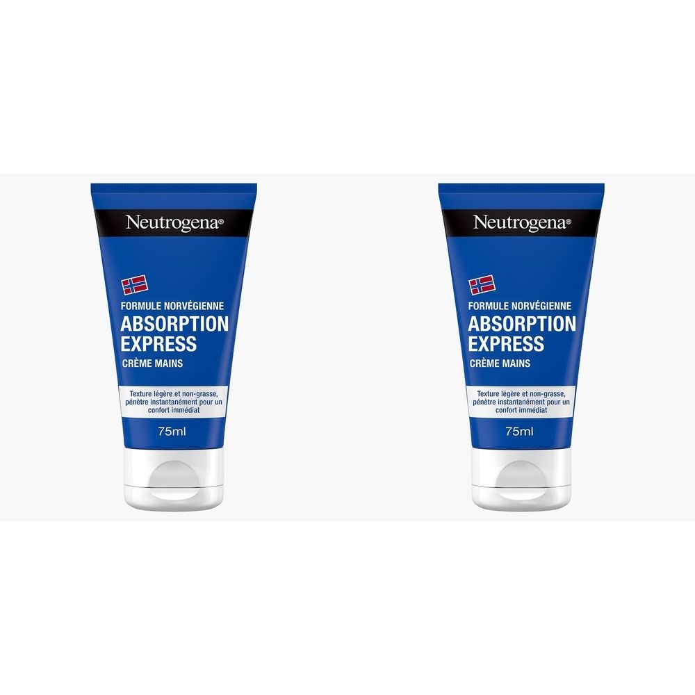 Deux tubes bleus. Inscription: Neutrogena, Formule Norvégienne, Absorption Express, Crème Mains. En bas: 75ml.