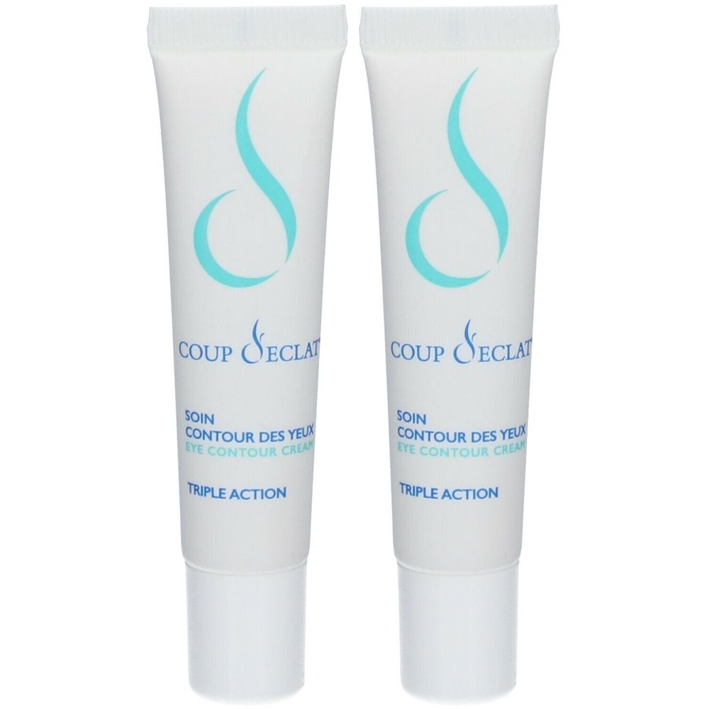 Deux tubes blancs avec logo bleu et texte. Inscription: Coup d'éclat, Soin Contour des Yeux, Triple Action.