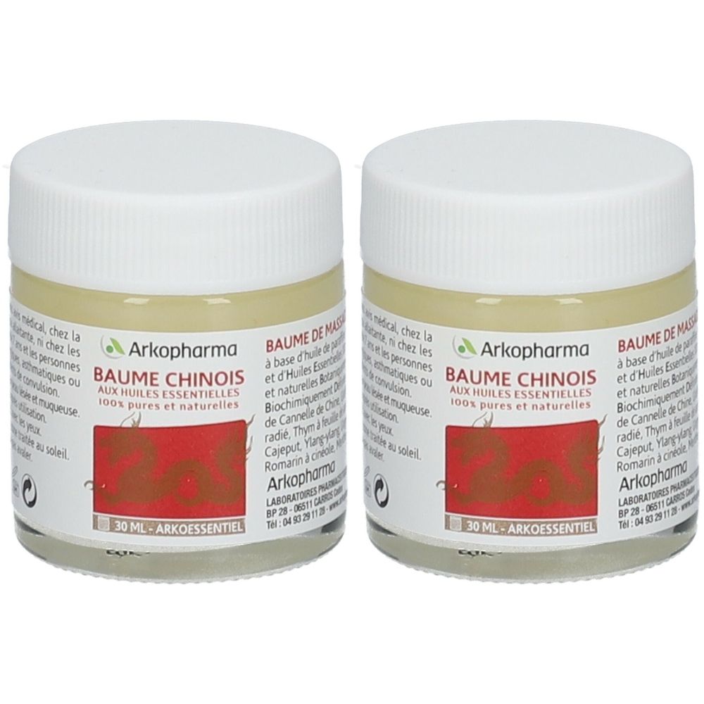 Zwei kleine, runde Tiegel mit weißem Deckel. Auf den Etiketten steht "Baume Chinois" und "Arkopharma".