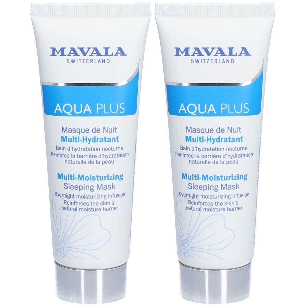 Zwei Tuben mit weißem Hintergrund. Aufschrift: MAVALA, AQUA PLUS, Multi-Hydratant. Blaue und weiße Farbgebung.