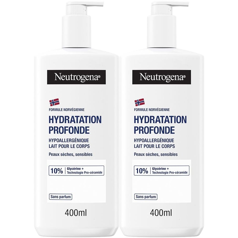 Deux flacons blancs avec pompe. Inscription: Neutrogena, Hydratation Profonde, 400ml. Pour peaux sèches, sensibles. Hypoallergénique.