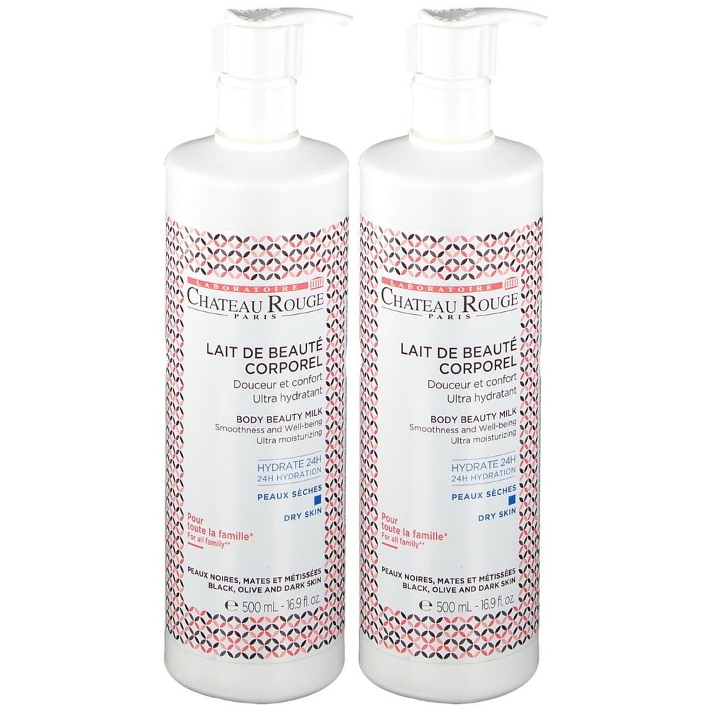 Zwei weiße Flaschen mit Pumpaufsatz. Aufschrift: Château Rouge, Lait de Beauté Corporel. Für trockene Haut.